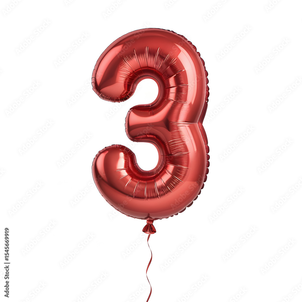 Fototapete a balloon shaped like the number 3,glossy red metallic finish with realistic reflections and smooth 