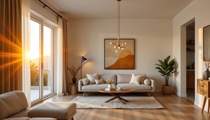 an elegantly designed living room bathed in sunlight during a sunrise. the room features modern decor elements with natural wood tones