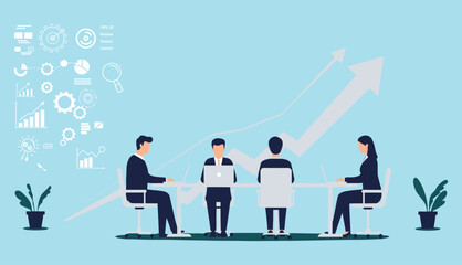Team meeting with laptop, business planning, corporate strategy discussion, teamwork collaboration, digital data, growth analysis, productivity, office environment

 flat vector illustration