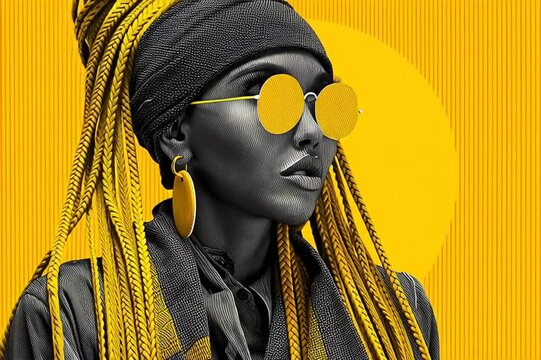 A striking black woman with long yellow braids and bold yellow sunglasses poses confidently against a vivid yellow circle backdrop in a high-contrast color scheme.