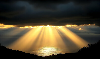 Golden sunlight rays breaking through dark clouds over ocean