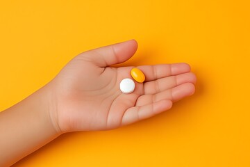 A hand holding two colorful pills, illustrating health and wellness concepts against a vibrant orange backdrop.