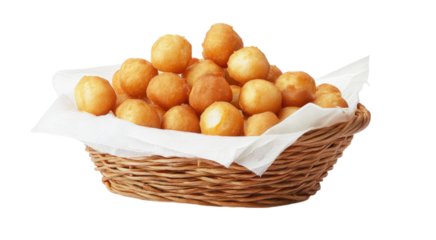 Golden Brown Fried Cheese Balls in Wicker Basket, Food Photography isolated on transparent background