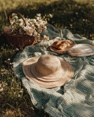 Sun-drenched picnic scene  straw hat, woven basket overflowing with white roses, pastries on a wooden board, resting on a light green gingham blanket in a grassy field