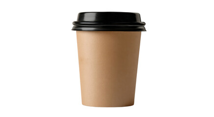 Beige Disposable Coffee Cup with Black Lid – isolated on transparent background