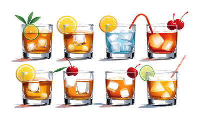 Modern vector illustration featuring classic whiskey-based cocktails in short, ice cubes, lemon slice and cherry garnish in lowball glasses, easily editable and scalable.