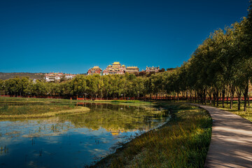 Fototapeta premium Songzanlin Monastery Reflecting in a Tranquil Lake in Shangri la