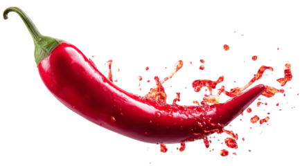 Red Chili Pepper Splashing Juice, Vibrant Food Photography, Spicy Ingredient isolated on transparent background