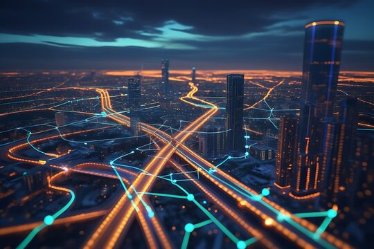 Futuristic Cityscape Night Orange Teal Highways Network