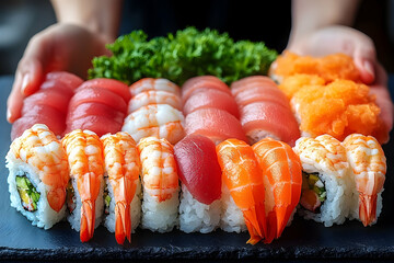 Colorful sushi platter shrimp tuna and rice delicacies