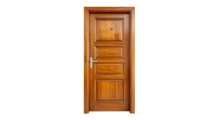 Classic Brown Wooden Door with Panel Design and Silver Handle isolated on transparent background