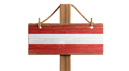 Austrian Flag Painted on Rustic Wooden Sign Hanging from Wooden Post isolated on transparent background