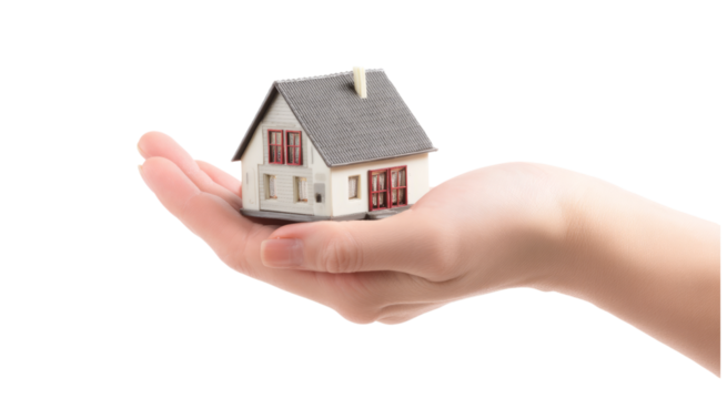 Small House Model Held in a Woman's Hand, Real Estate Concept isolated on transparent background