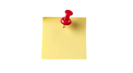 Red Push Pin on Yellow Sticky Note, Blank Reminder, Office Supplies isolated on transparent background