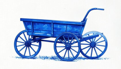 Fototapeta premium Cobalt Blue Wooden Wagon with Spoked Wheels on White Background