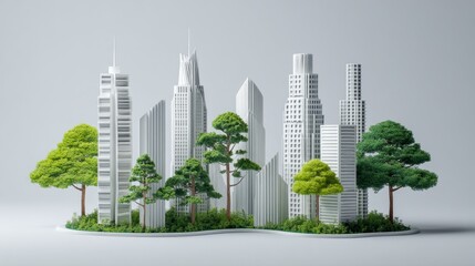 A modern cityscape featuring skyscrapers and green trees in a harmonious environment.