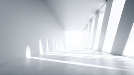 A modern, minimalistic hallway with bright light streaming through sleek windows.