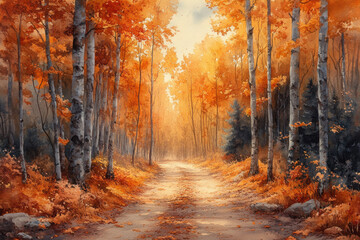 Fototapeta premium Path through forest in painting.