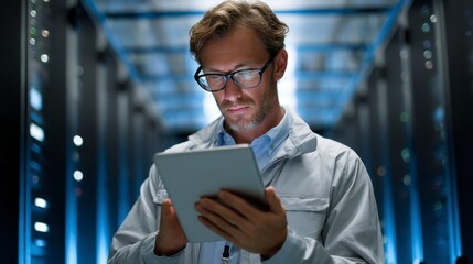 Technician Using Tablet to Check Server Configuration in Data Center