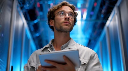 Technician Using Tablet to Check Server Configuration in Data Center