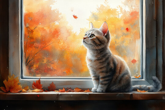 Cat gazing out the window at autumn leaves.