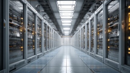 Fototapeta premium Wide Shot of Hot Aisle in Data Center with Visible Equipment