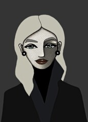 Portrait, painting, illustration in contemporary, modern, traditional art style of a young, adult woman, girl, businesswoman with blonde hair and brows, dark costume,  black earrings, red, lips 