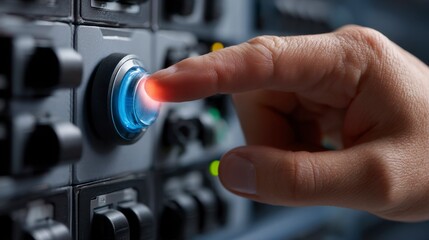 Close-Up View of a Human Finger Pressing an Illuminated Power Button