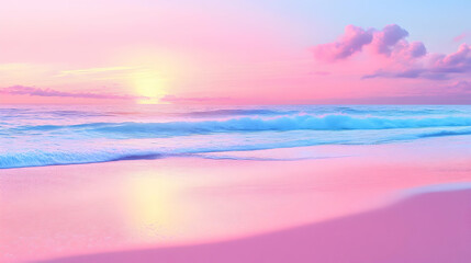 Obraz premium Pastel sunrise ocean beach scene tranquil seascape pink sand calm waves