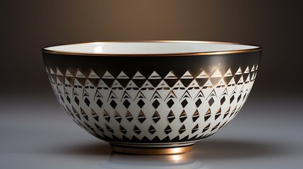 Elegant Black and White Bowl with Golden Geometric Pattern on Reflective Surface Design
