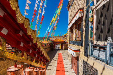 Colorful Tibetan Prayer Flags and Architecture of Songzanlin Monastery