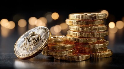 Stack of Golden Coins Representing Bitcoin with Bokeh Background