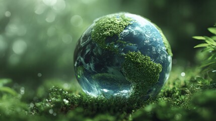 A vibrant globe covered in greenery, symbolizing harmony between nature and Earth.