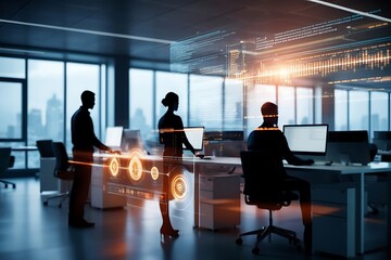 Silhouetted Businesspeople Working Modern Office Digital Overlays