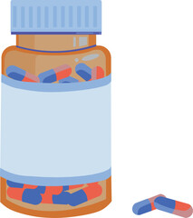 Vector Illustration of Medicine Bottle with Red and Blue Capsules – Flat Style Healthcare Icon