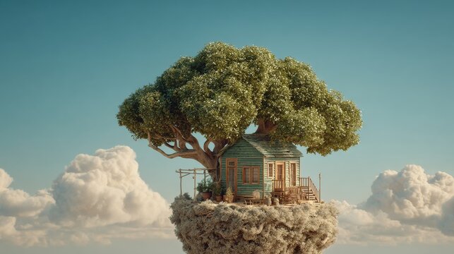 A whimsical treehouse floating among clouds, showcasing creativity and imagination.