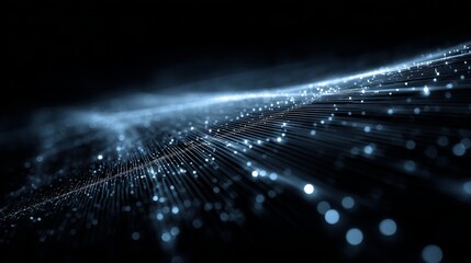 Abstract digital design featuring luminous lines and glowing particles in a dark background.