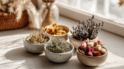 Dried herbs and flowers in ceramic bowls, a serene organic wellness composition.