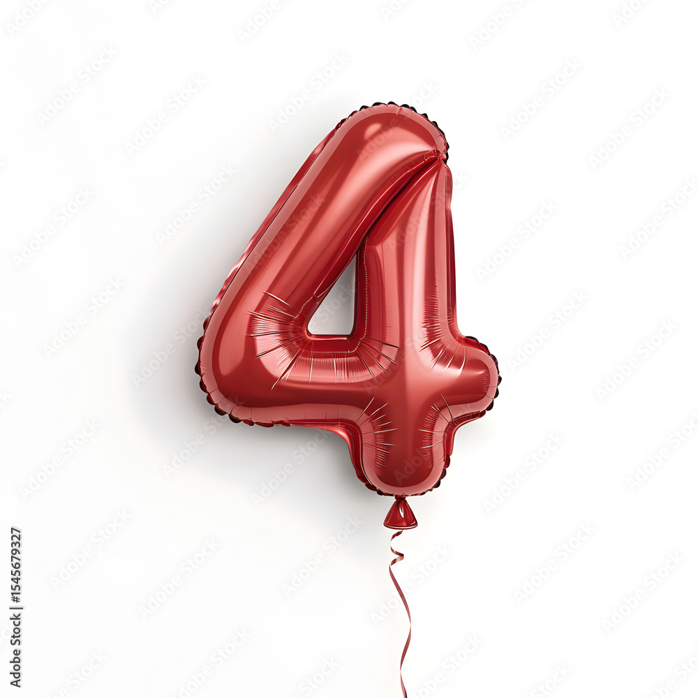 Fototapete a balloon shaped like the number 4,glossy red metallic finish with realistic reflections and smooth 