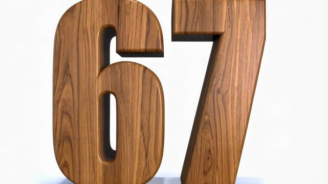 Solid wooden numbers sixty-seven standing on a white surface casting a soft shadow. Number 67 with wood grain texture, celebrating an anniversary or milestone.