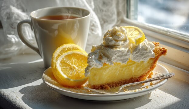 Sunlit windowsill scene featuring a slice of lemon meringue pie with whipped cream, lemon slices, and a cup of steaming tea