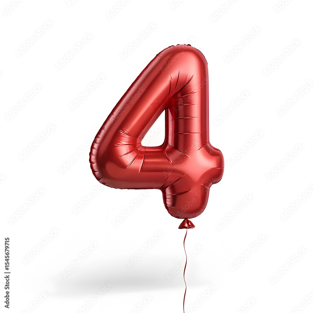 Fototapete A balloon shaped like the number 4,glossy red metallic finish with realistic reflections and smooth texture.