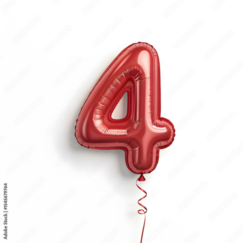 Fototapete A balloon shaped like the number 4,glossy red metallic finish with realistic reflections and smooth texture.
