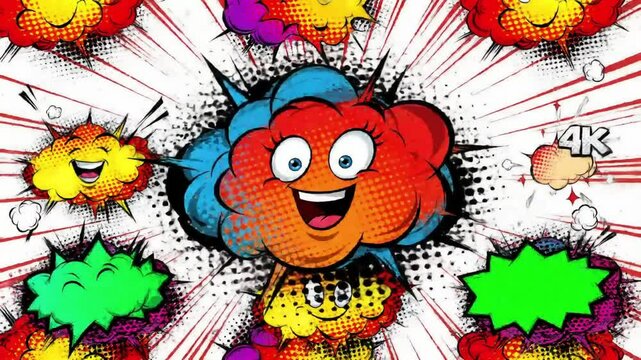 thank you Word Retro Cartoon Comic Bubbles Popup Style Expressions Colored Bomb and Smoke Strip Dotted and red Speed Radial line Seamless loop Animation black / green screen 4k doodle background
