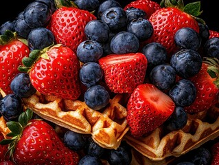 Obraz premium Fresh Waffles Topped with Juicy Strawberries and Blueberries