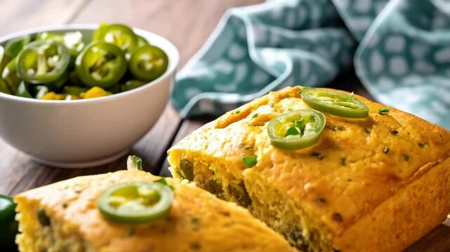Savory cornbread loaves with sliced spicy green peppers on wooden board. Homemade, golden-brown loaf garnished with fresh peppers in white bowl.