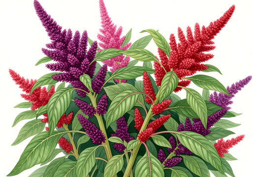 Colorful watercolor painting of an amaranth plant, ideal for seed packaging or botanical illustrations