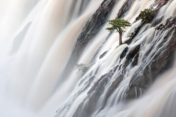 A tree stands against the torrents of water cascading over Ruacana Falls, Namibia.