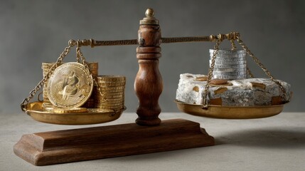 Antique Balance Scale with Bitcoin and Old Coins Comparison
