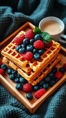 Delicious Waffles Topped with Fresh Berries and Mint Leaves